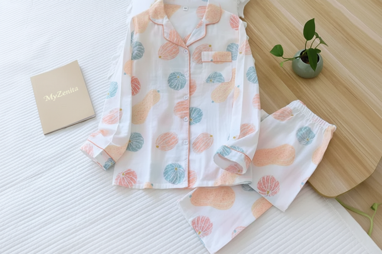 Pyjama Femme Gaze de Coton 100% – Motif Rose Cartoon – Ensemble 2 Pièces – Livraison Offerte FR & EU