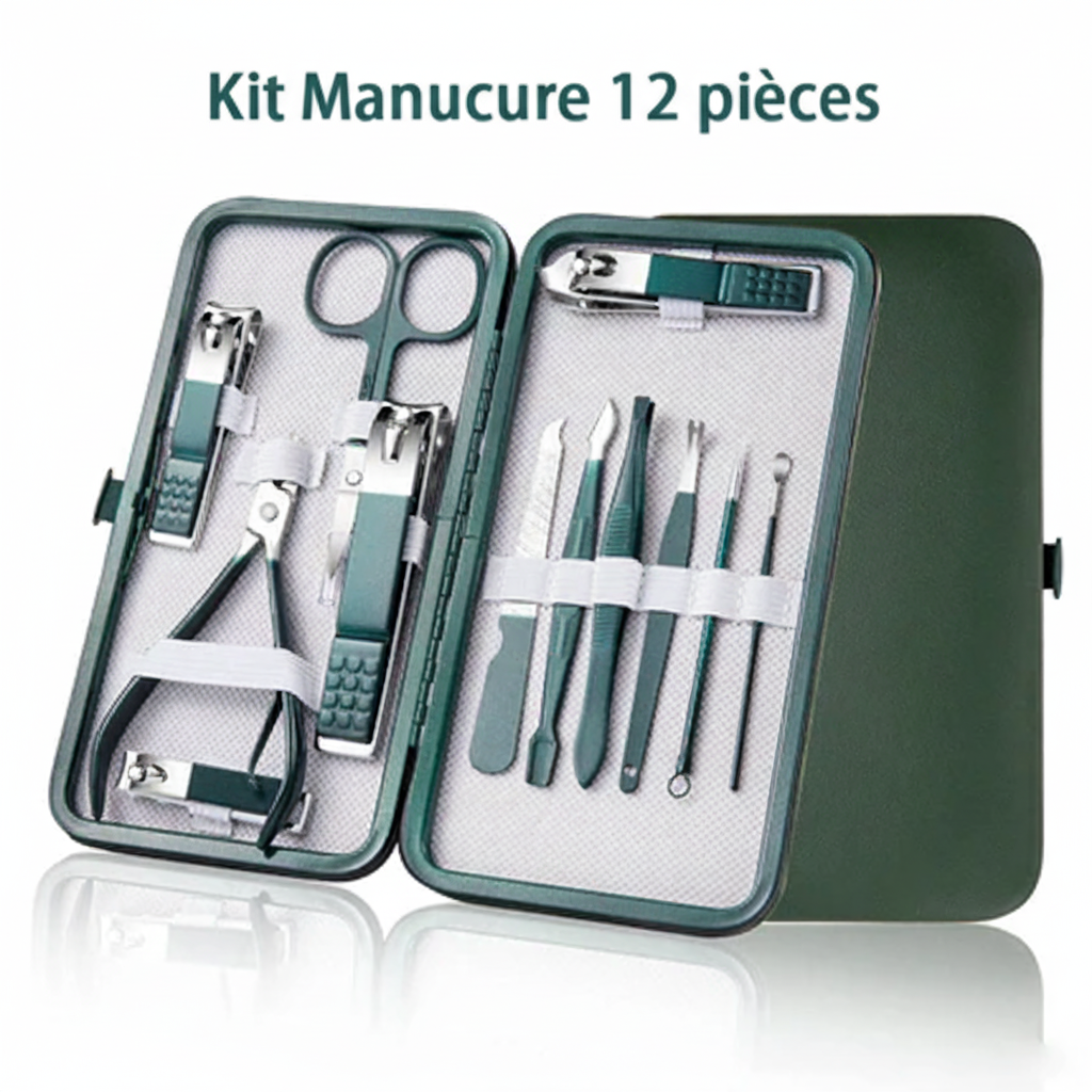Kit Manucure Professionnel 12 pièces en acier inoxydable avec étui en cuir vert