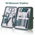 Kit Manucure Professionnel 18 pièces en acier inoxydable avec étui en cuir vert