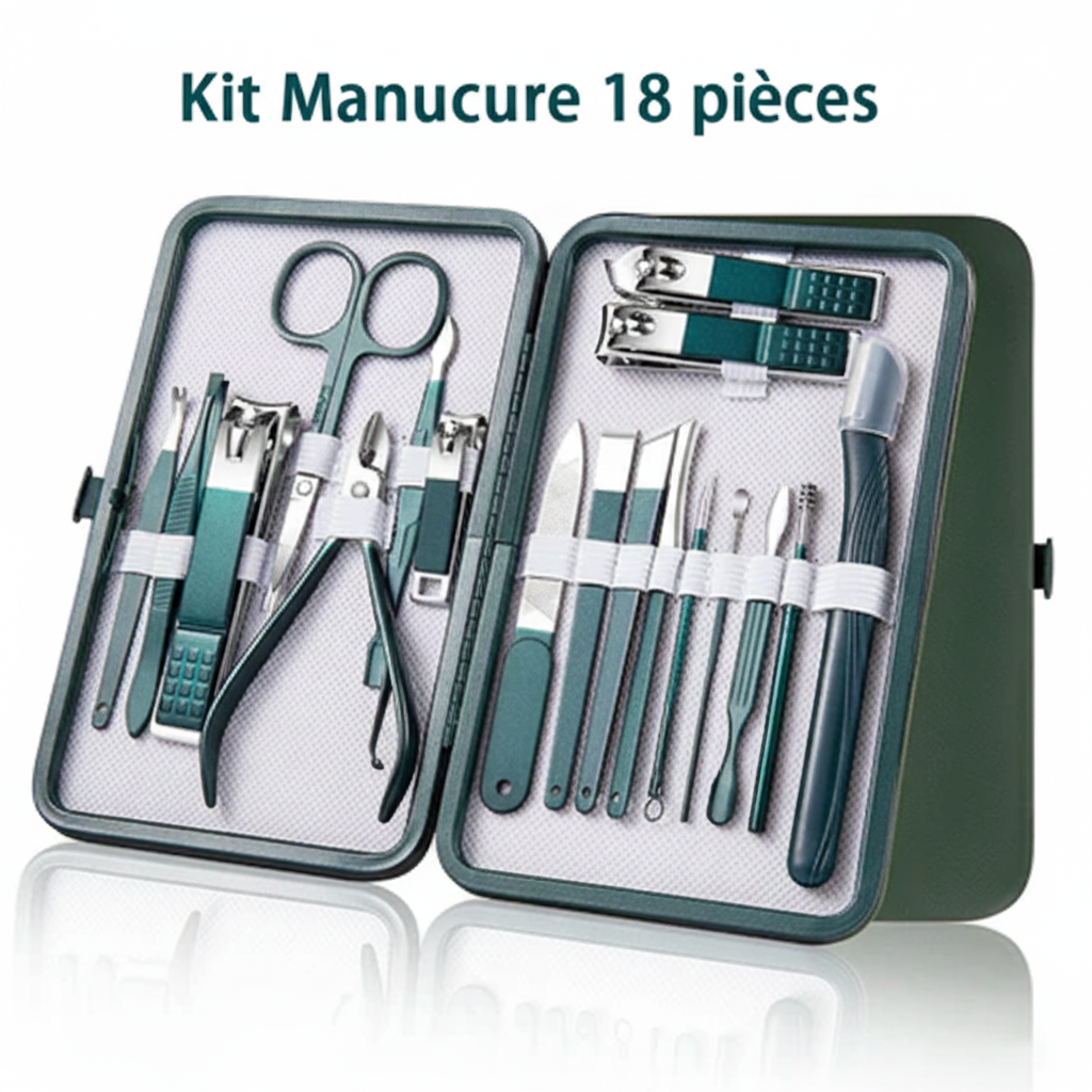Kit Manucure Professionnel 18 pièces en acier inoxydable avec étui en cuir vert