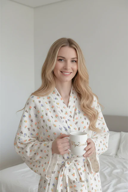 Peignoir Kimono Femme Printemps  – Coton Crêpe Imprimé Cerise Ours – Livraison Offerte FR & EU