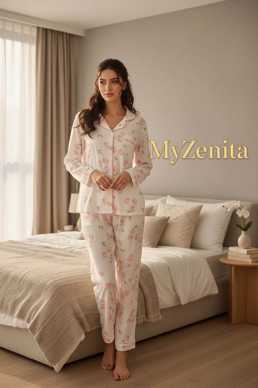 Ensemble Pyjama Femme Printemps/Été 2026 – 100% Coton Pur Imprimé – Cardigan Manches Longues 2 Pièces – Livraison Offerte FR & EU